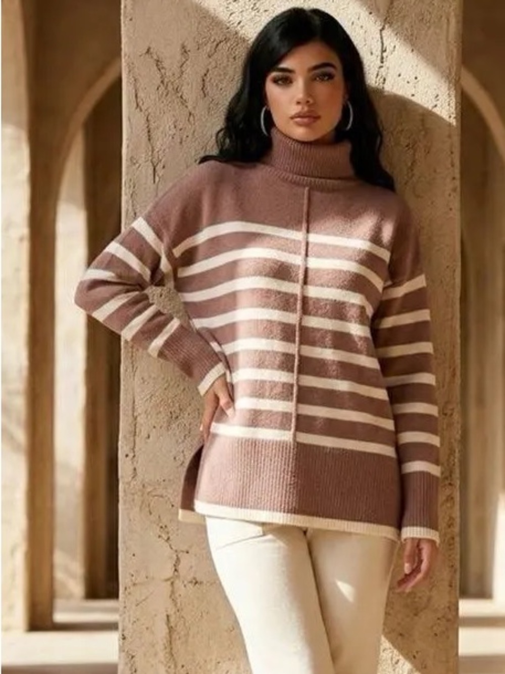 Line & Dot Rose Taupe and Cream Striped Turtleneck Sweater